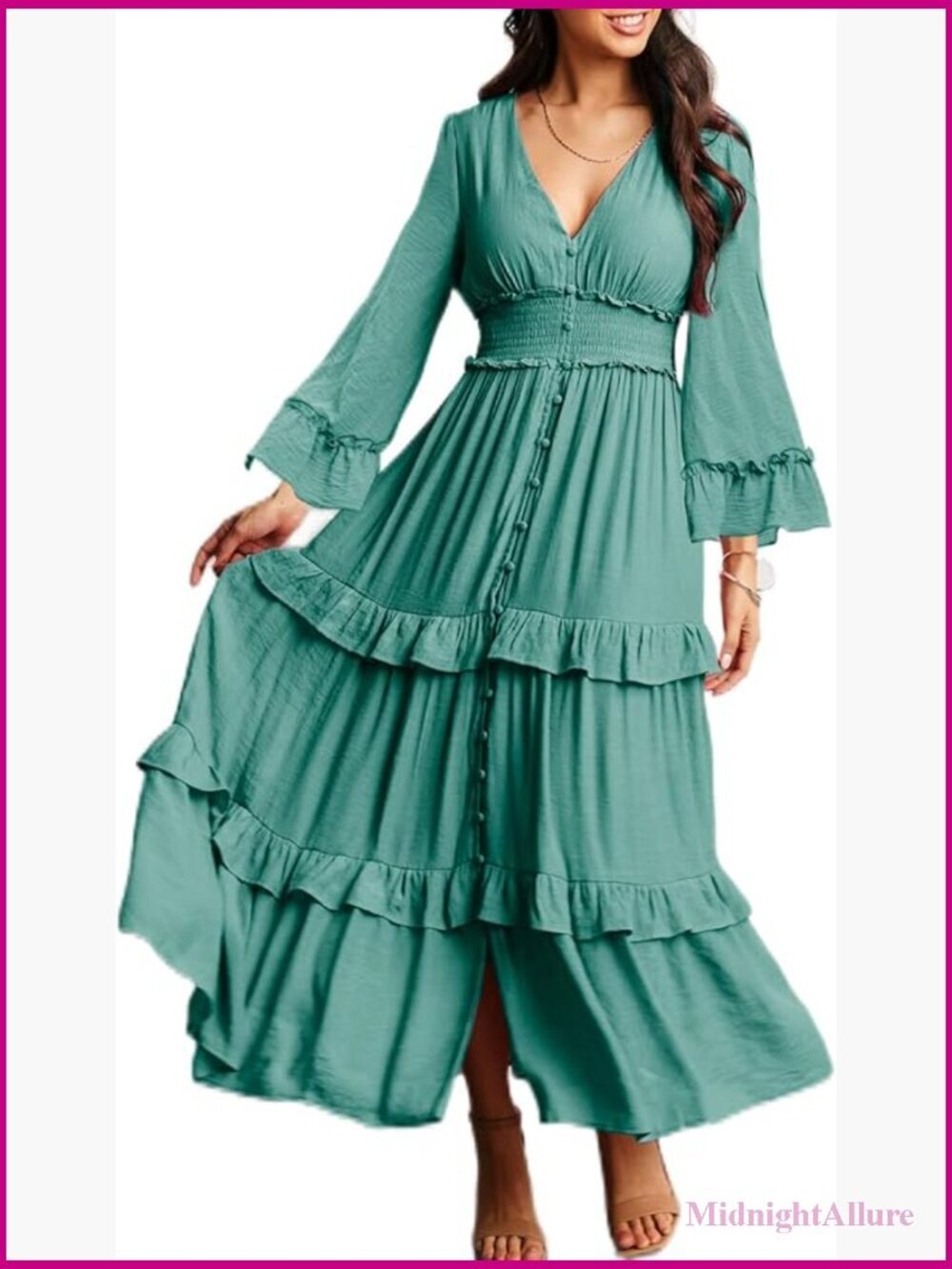 V Neck Long Sleeve Boho Maxi Dress Flowy Tiered Ruffle